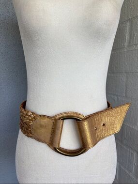 Linea Pelle Leather Brass Gold Braided Waist Belt with Round Ring sz S